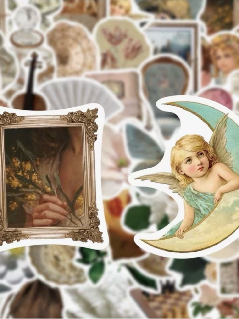 50 Vintage Victorian Stickers Cream, Green, Gold Angels Flowers Frames Fans - Picture 4 of 7
